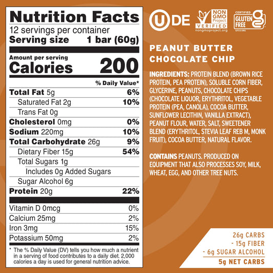 No Cow vegan protein bar texture close-up shows creamy peanut butter and chips