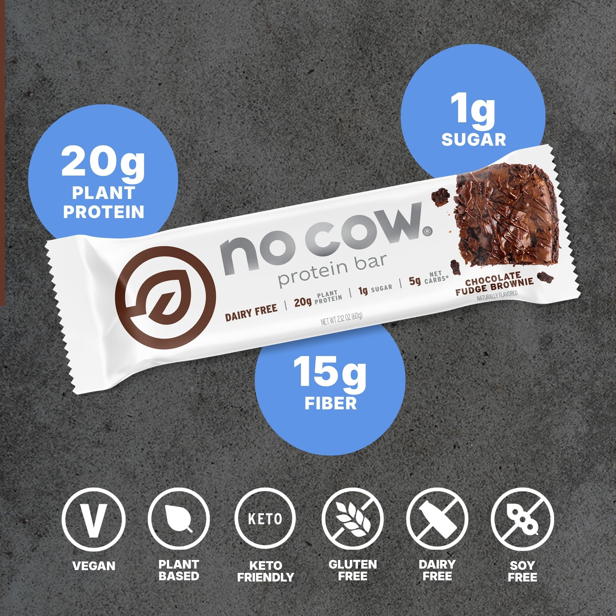 No Cow vegan protein bars label highlights vegan gluten-free dairy-free ingredients.