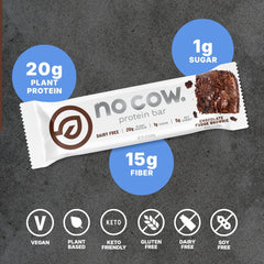 No Cow vegan protein bars label highlights vegan gluten-free dairy-free ingredients.