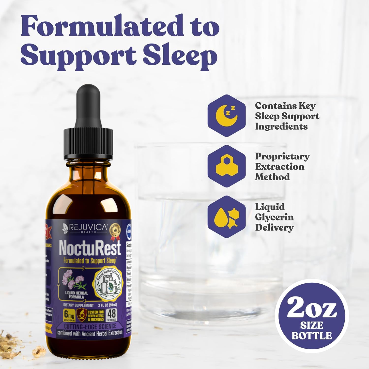 NoctuRest dropper dispense highlights convenient liquid delivery before bed.