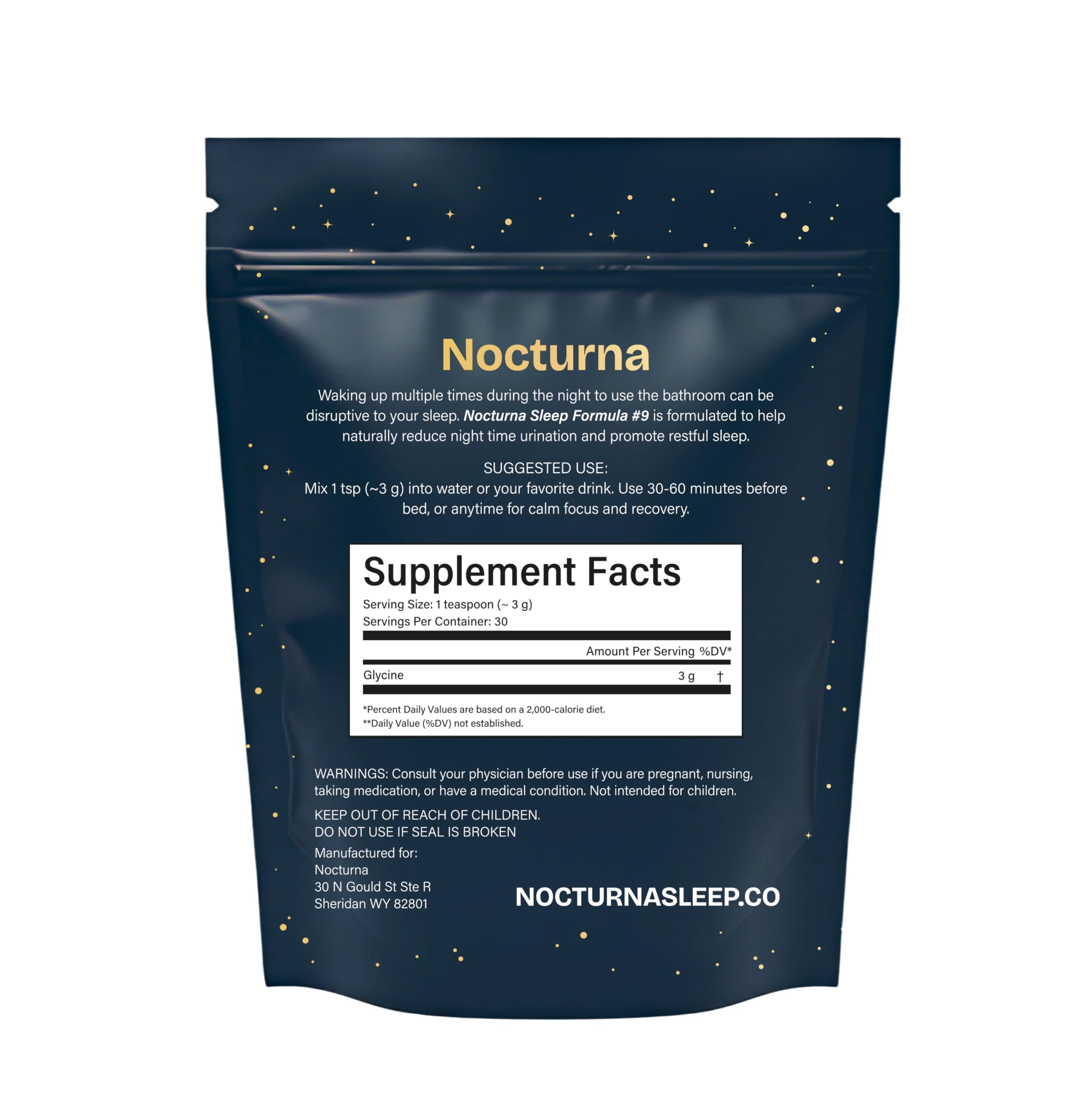 Close-up of Nocturna Glycine powder for easy drink mixing.