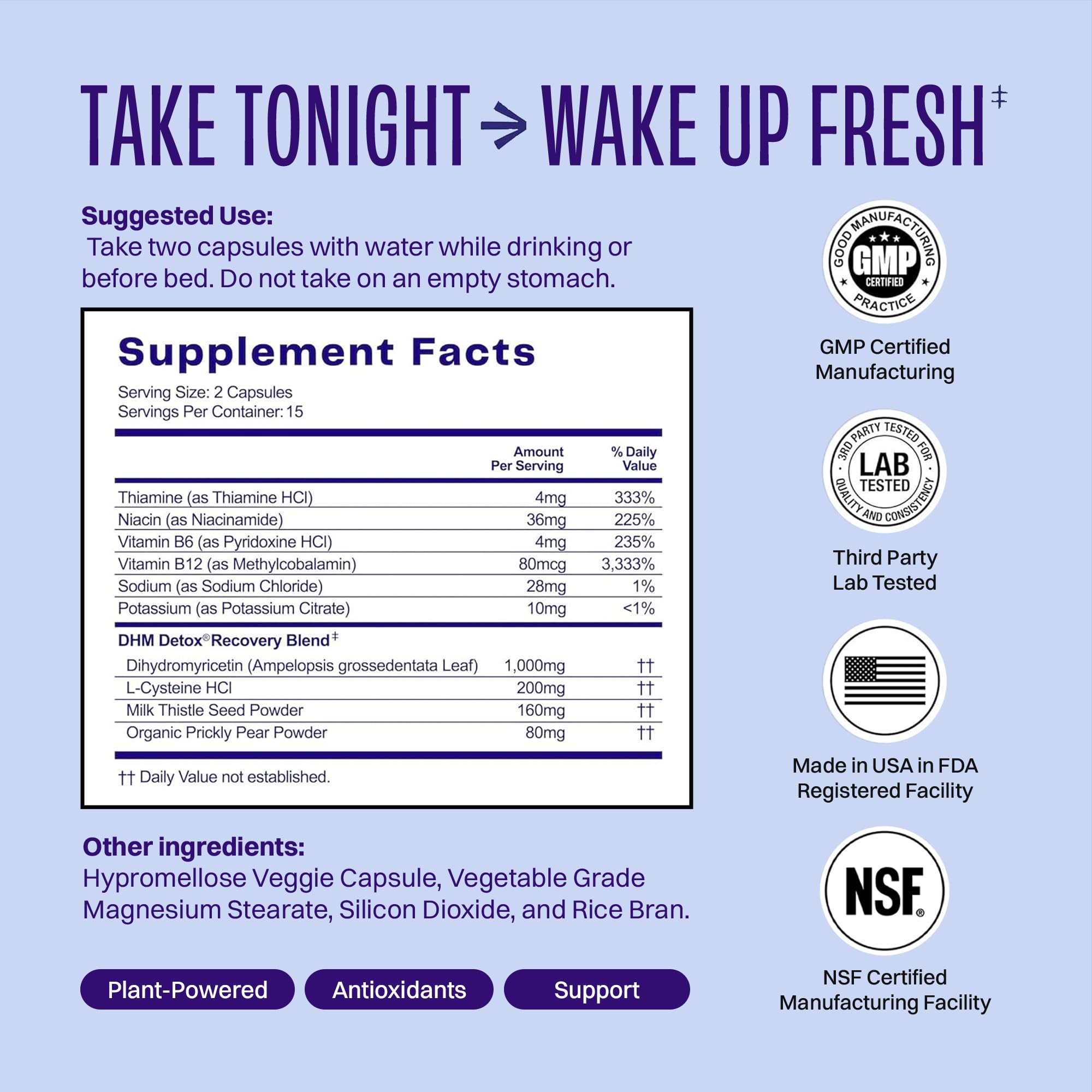 No Days Wasted DHM Detox capsule close-up, convenient evening routine.