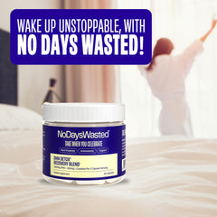 No Days Wasted DHM Detox jar packaging visible on shelf.