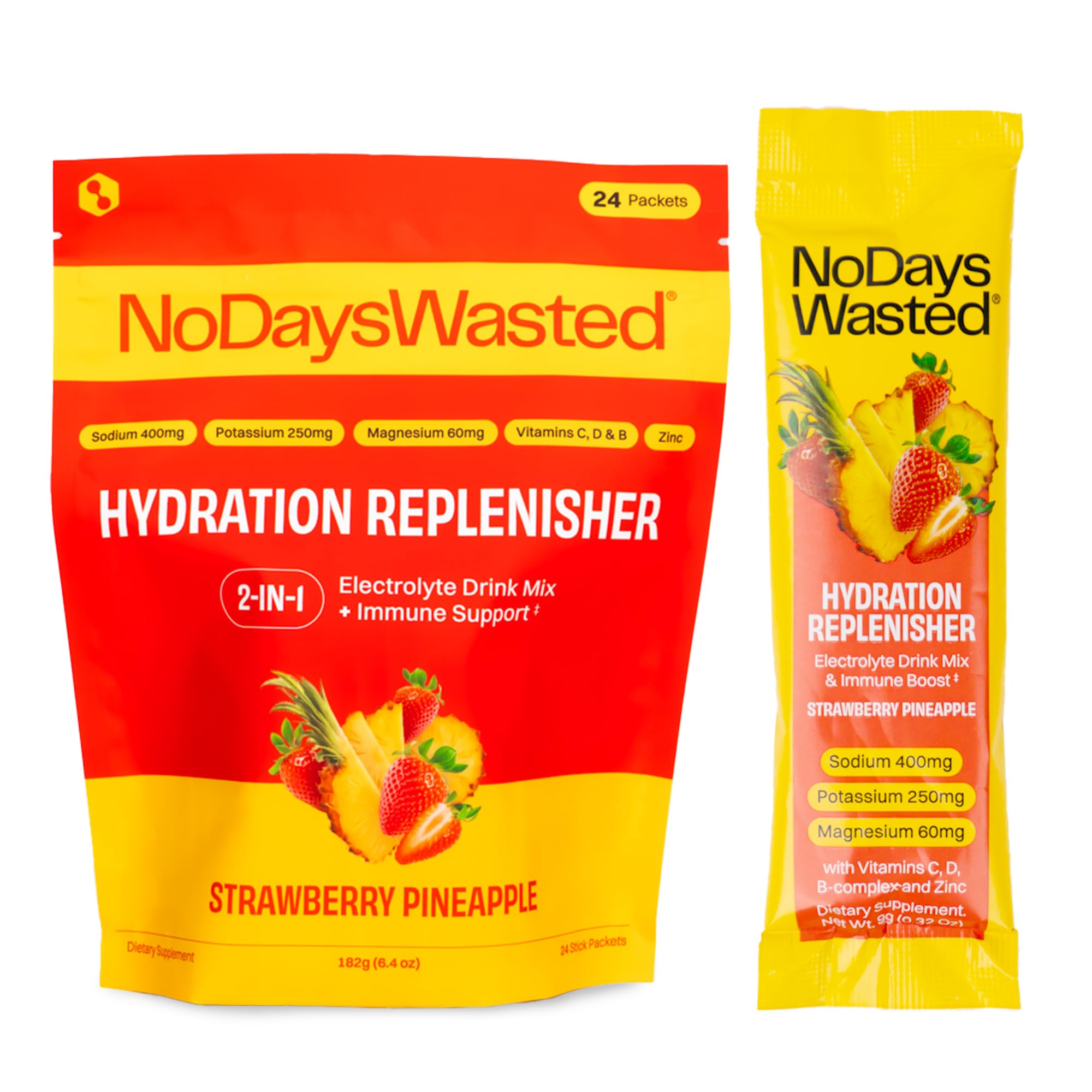 No Days Wasted hydration stick packaging for quick electrolyte balance on the go.