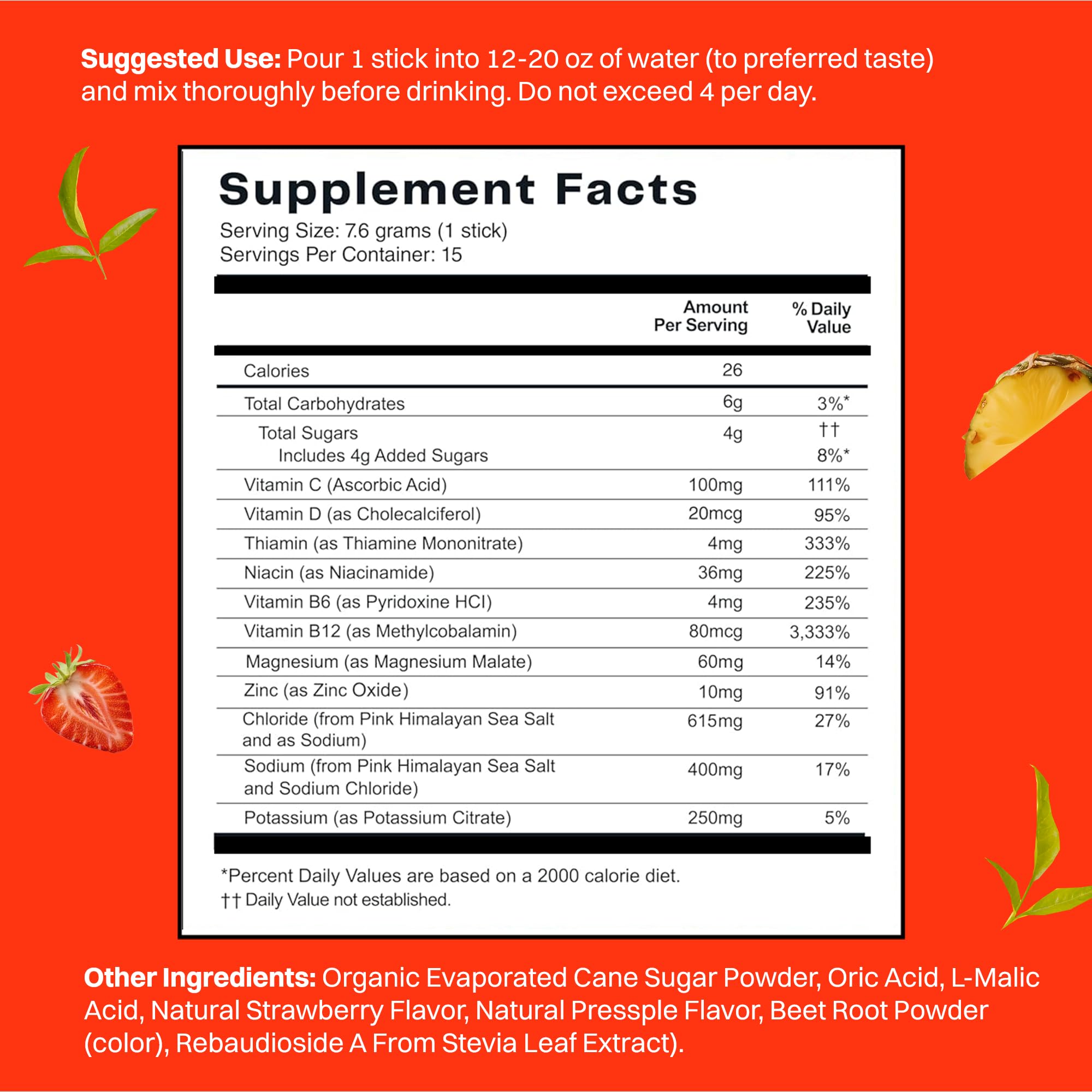 No Days Wasted hydration stick packet close-up showing strawberry-pineapple flavor blend.