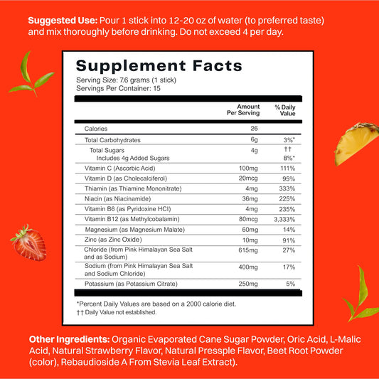 No Days Wasted hydration stick packet close-up showing strawberry-pineapple flavor blend.
