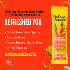 No Days Wasted hydration stick packet dispensing into water for rapid rehydration.