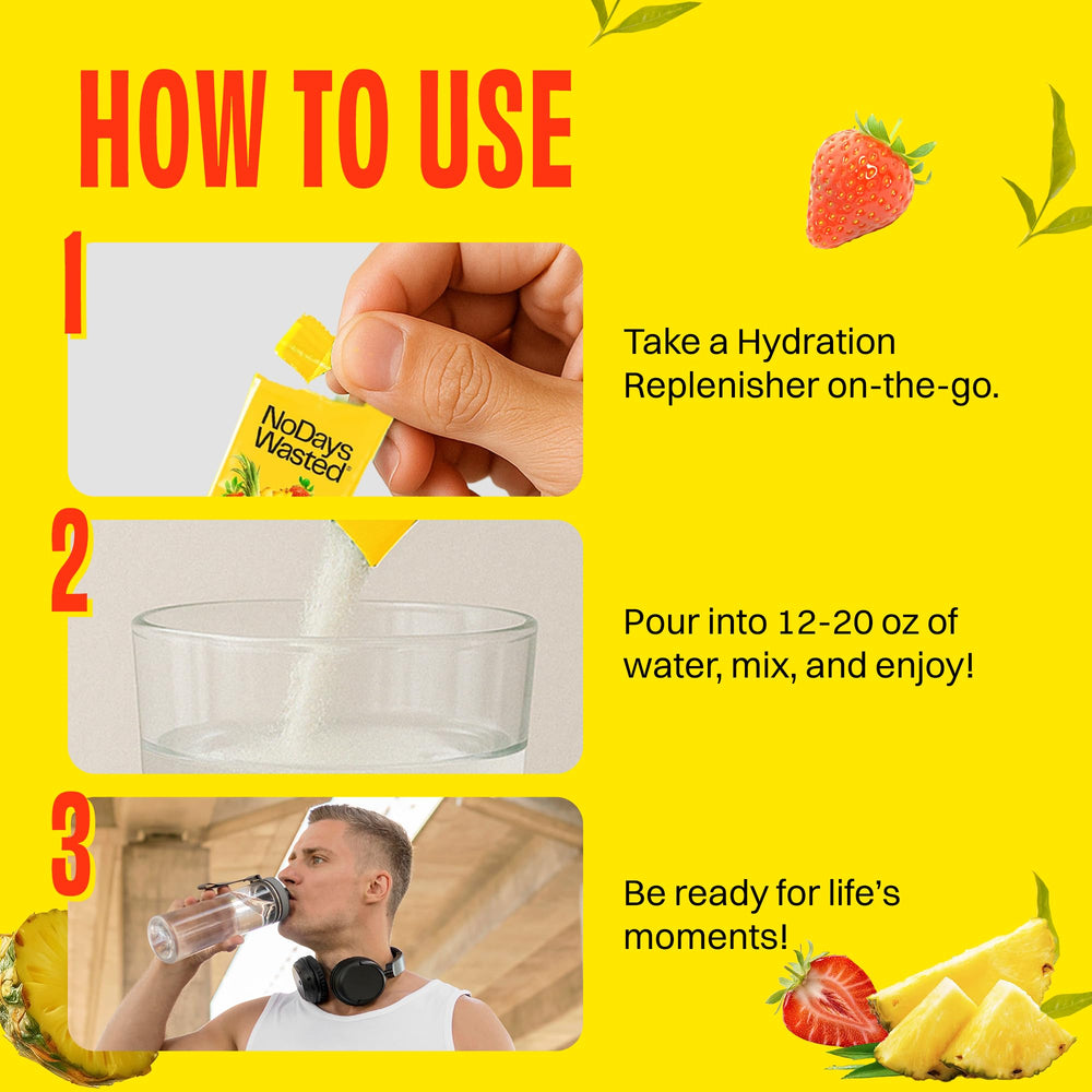 No Days Wasted hydration stick with a glass of water ready to refresh during activity.