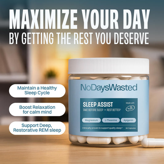 No Days Wasted magnesium sleep capsules on a bedside table signaling a calm evening routine