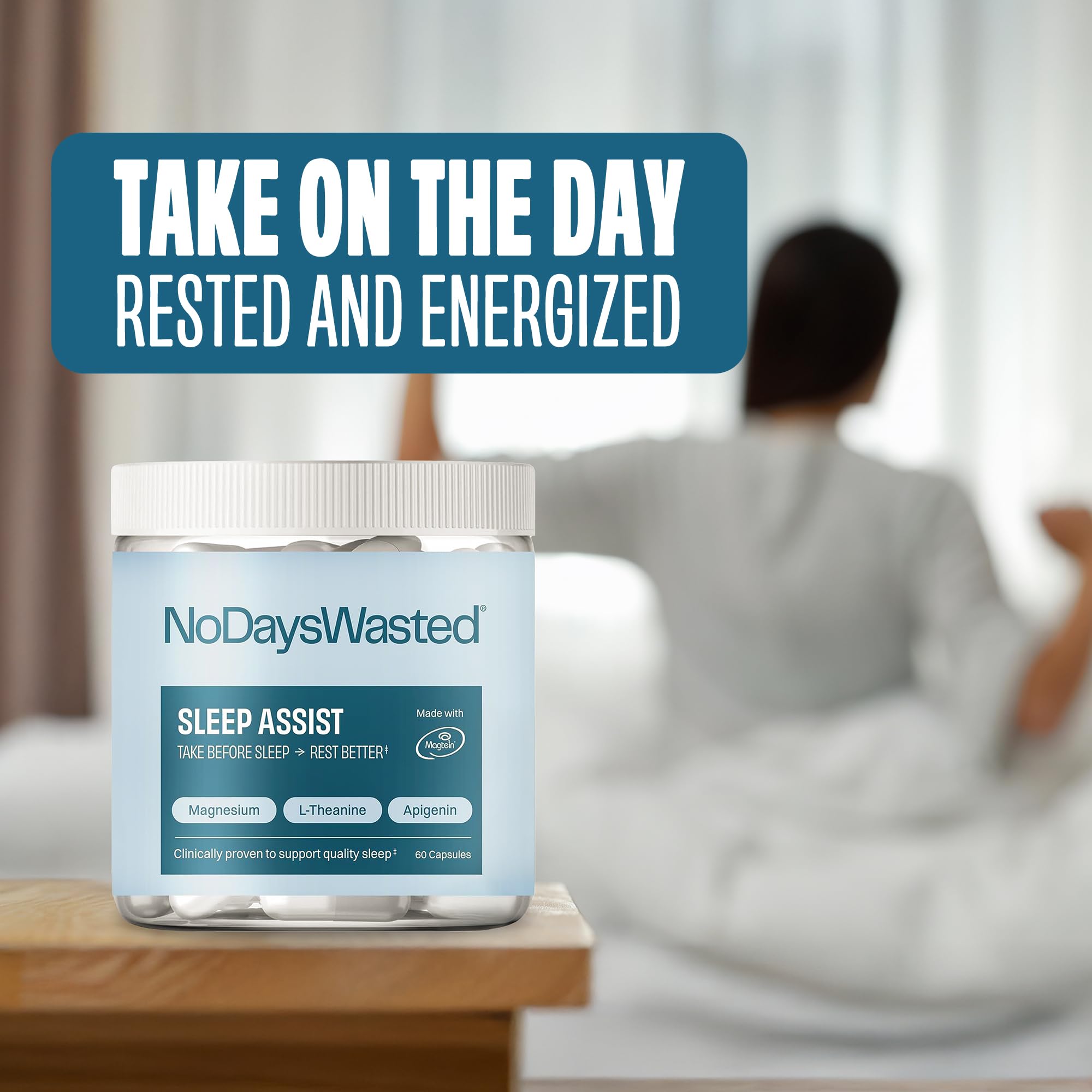 No Days Wasted magnesium sleep bottle cap open revealing capsules ready for use