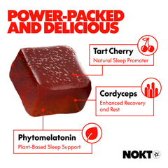 NOKT Sleep Gummies close-up of gummies highlighting chewy texture for night use