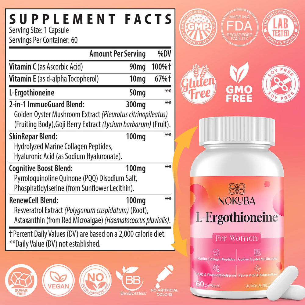 Nokuba Ergothioneine plant-based capsules illustrate vegan, clean formulation