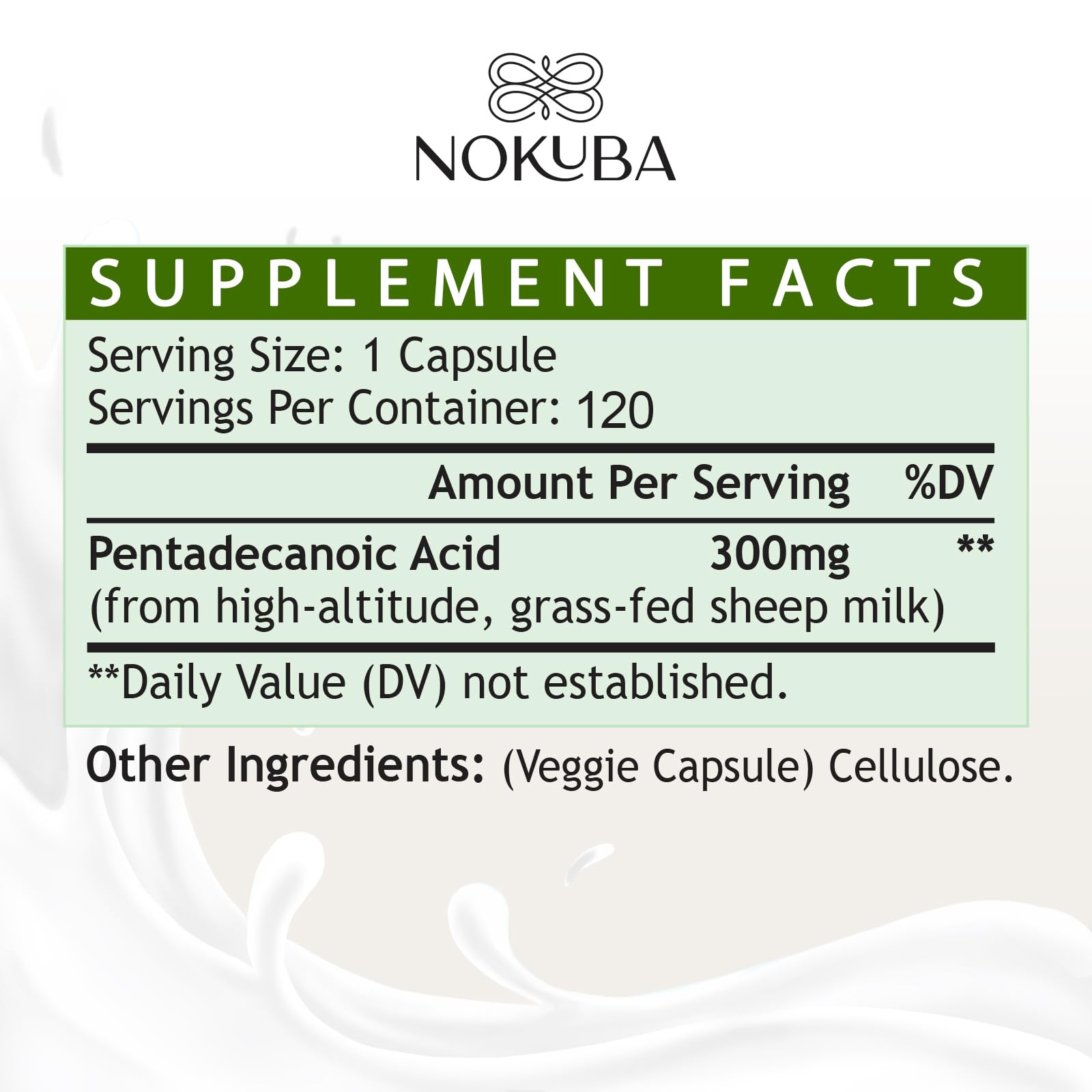 Nokuba Pentadecanoic Acid 300mg bottle back showing dosage information and third-party testing