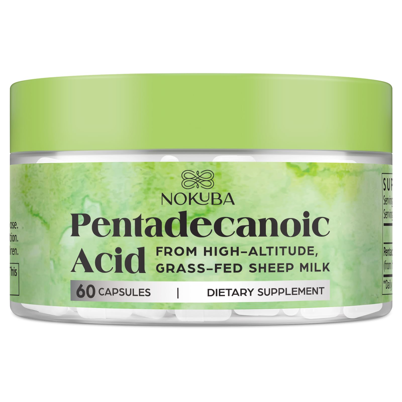 Nokuba Pentadecanoic Acid 300mg label details highlighting sourcing and quality