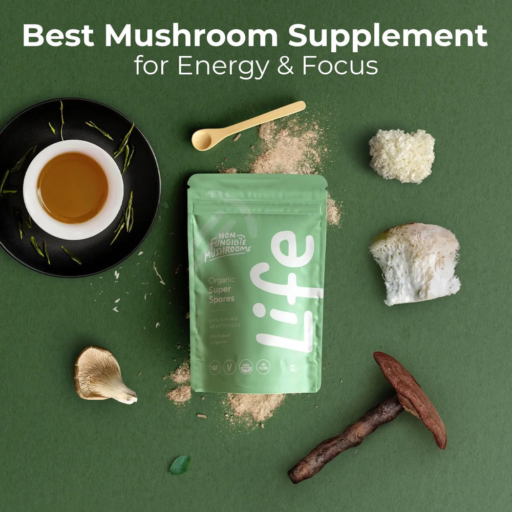 Life Daily powder stirred into a cup for focus and vitality