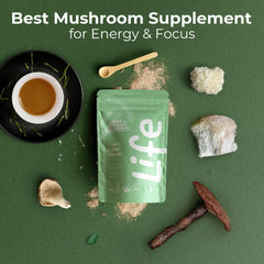 Life Daily powder stirred into a cup for focus and vitality