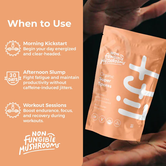 Non Fungible Mushrooms Lift bottle label and scoop showing ingredients