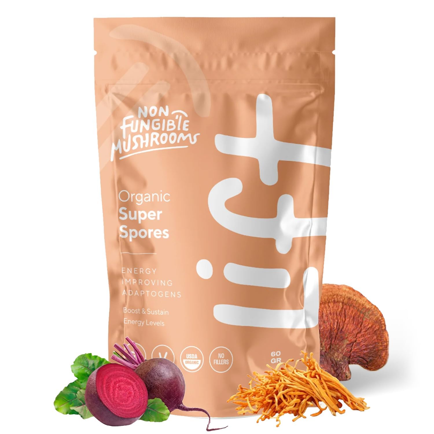 Non Fungible Mushrooms Lift powder tin close-up highlighting natural blend and energy potential