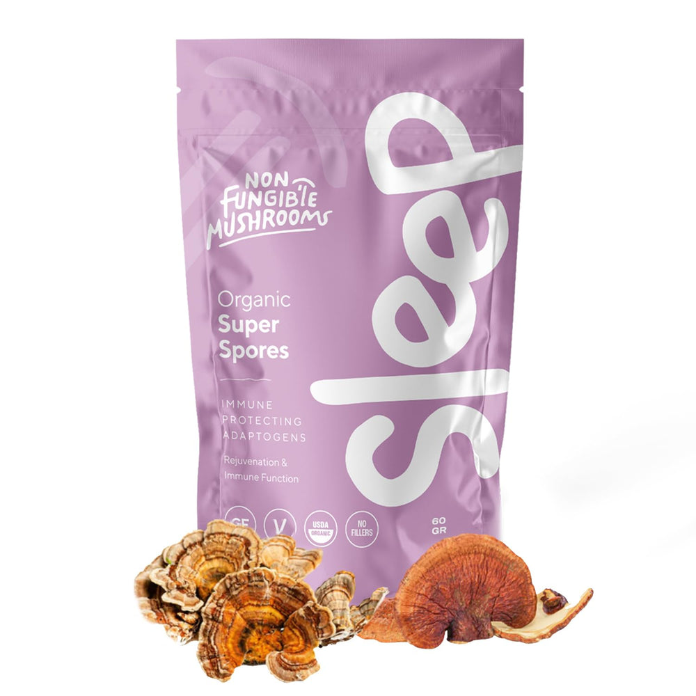 Non Fungible Mushrooms Sleep Powder bottle promotes calm evenings and restorative rest.