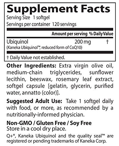Non-GMO gluten-free soy-free badge alongside Doctor's Best ubiquinol 200 mg.