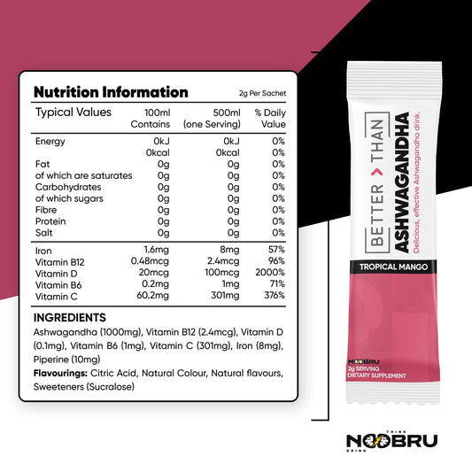Noobru Better Than Ashwagandha mango drink glass showcasing refreshing flavor.