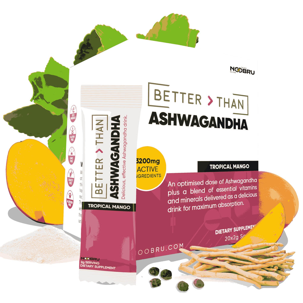 Noobru Better Than Ashwagandha sachets in tropical mango flavor for daily energy and calm focus.