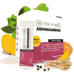 Noobru Better Than Ashwagandha sachets in tropical mango flavor for daily energy and calm focus.