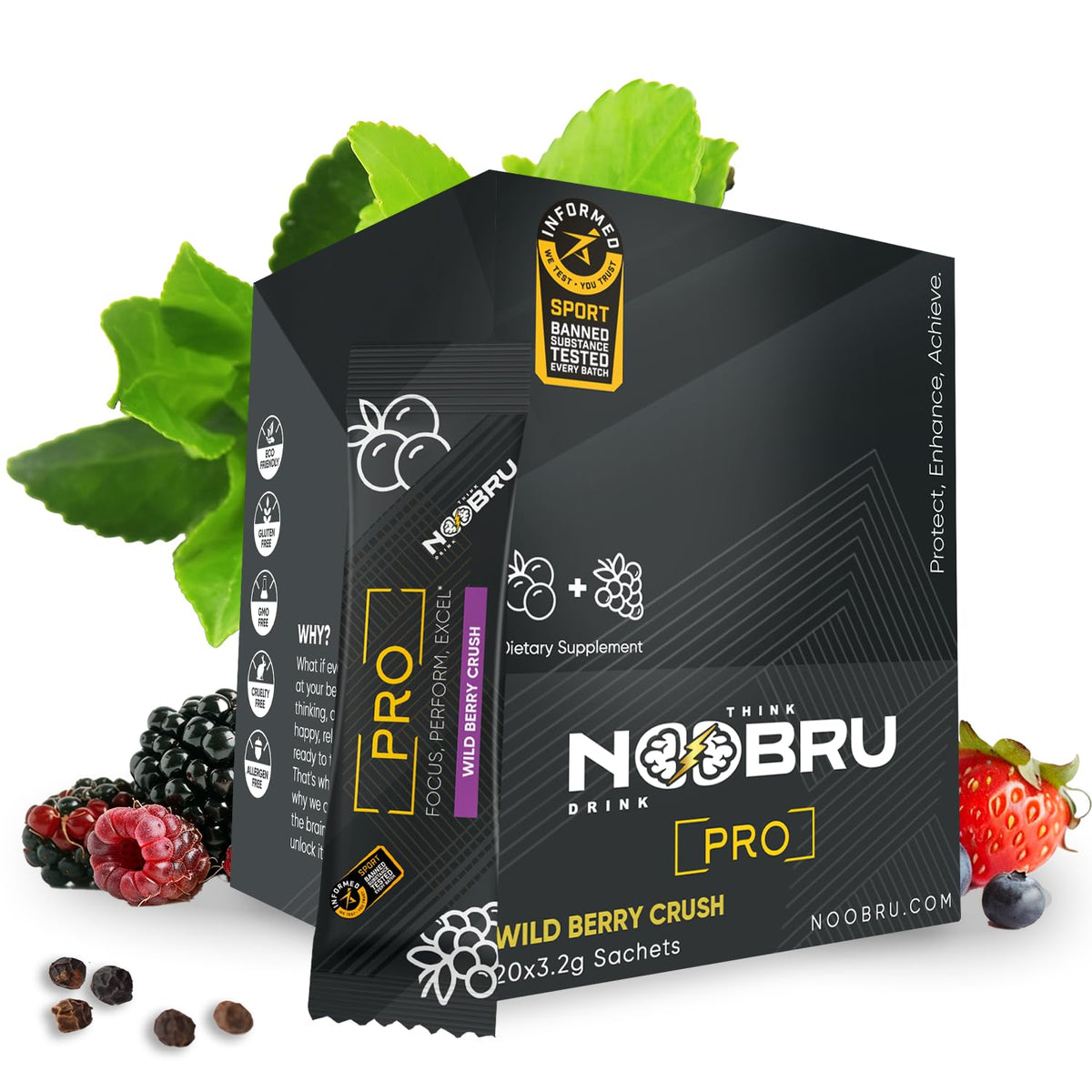 Noobru Pro bottle close-up highlighting premium nootropic formula for sharper focus.