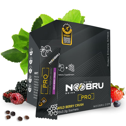 Noobru Pro bottle close-up highlighting premium nootropic formula for sharper focus.