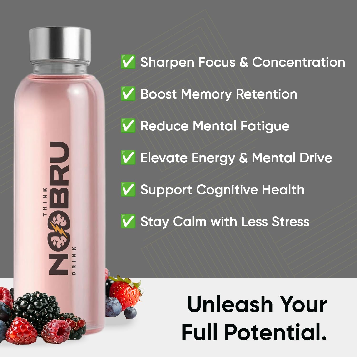 Noobru Pro ingredients label featuring 17 components promoting brain health and alertness.