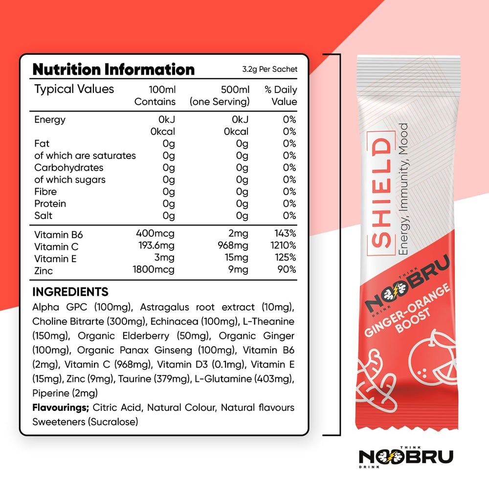 Noobru Shield ginger extract bottle highlights natural immune support with a zesty profile.