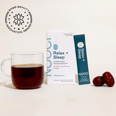 NOOCI Relax + Sleep graphic emphasizing herbal blend benefits