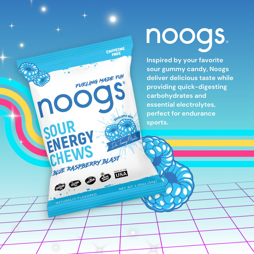 Noogs Sour Energy Chews blue raspberry close-up highlighting soft chewy texture.