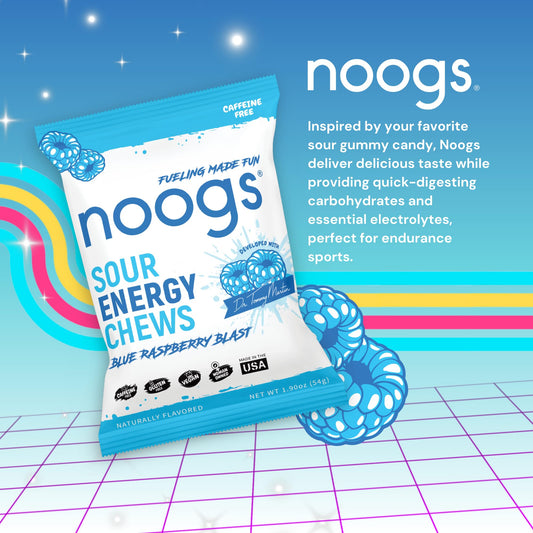Noogs Sour Energy Chews blue raspberry close-up highlighting soft chewy texture.