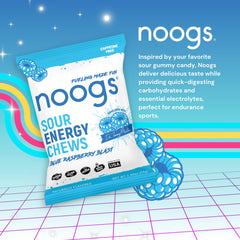 Noogs Sour Energy Chews blue raspberry close-up highlighting soft chewy texture.