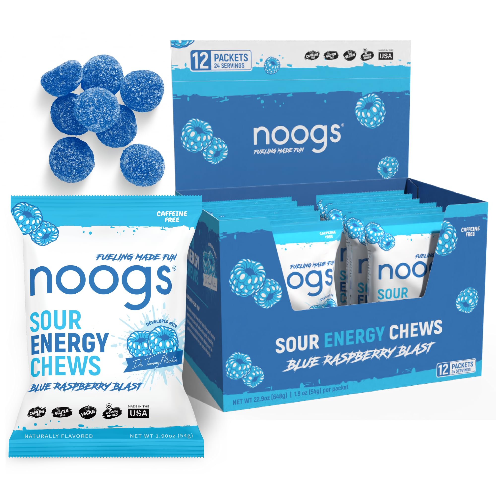 Noogs Sour Energy Chews blue raspberry pack for on-the-go endurance fueling.