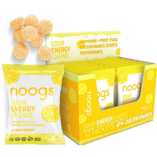 Noogs Sour Energy Chews lemon-zinger bottle for quick energy during runs