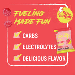 Closeup of Noogs strawberry lemonade chew showing soft texture and tart flavor.