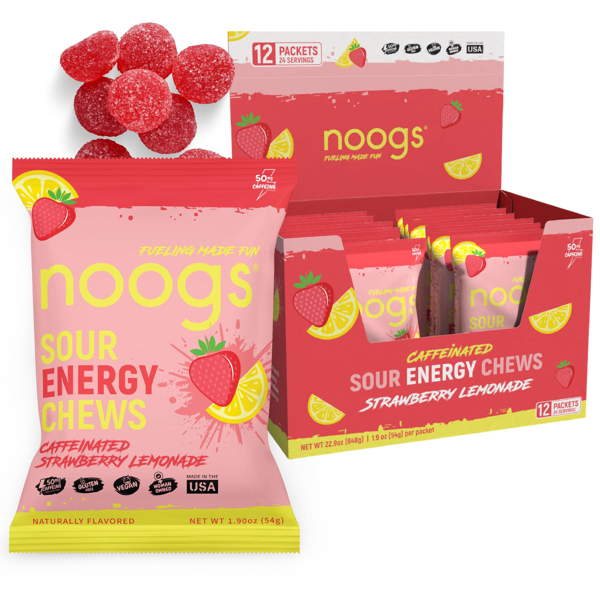 Noogs Sour Energy Chews strawberry lemonade pack provides quick energy for workouts.