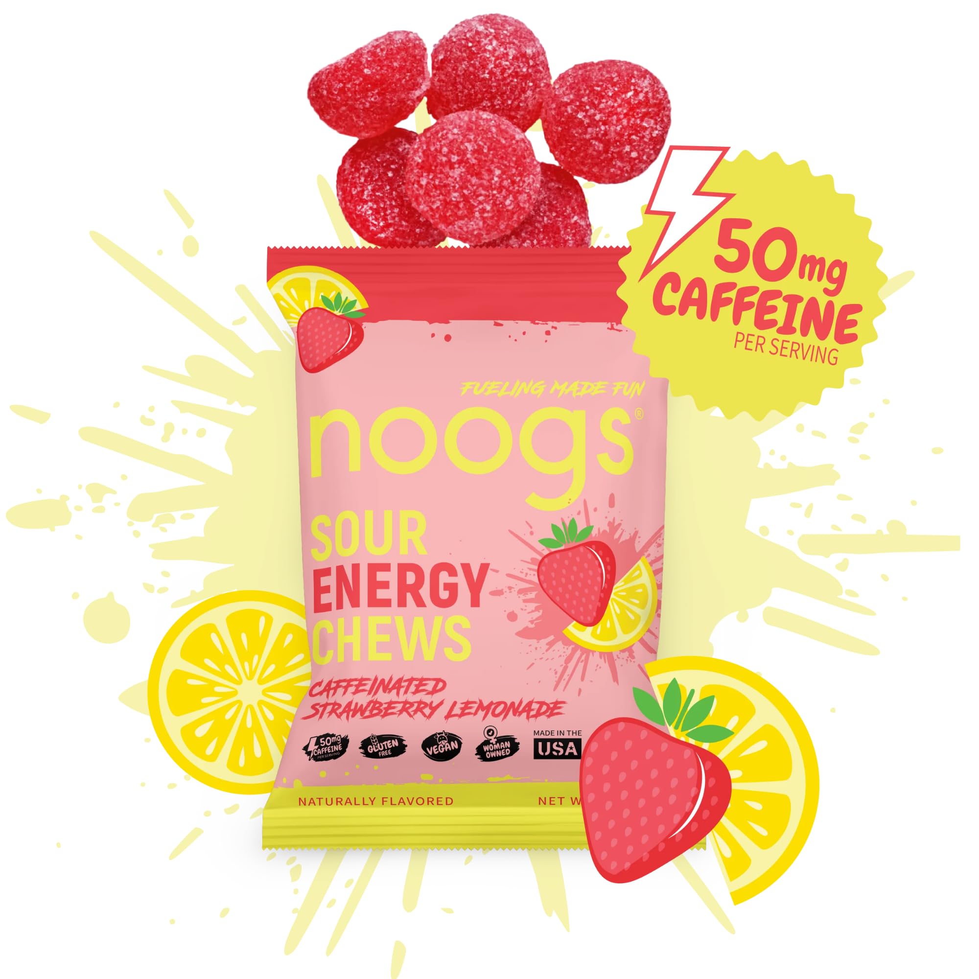 Noogs Sour Energy Chews strawberry lemonade in hand, ready to boost endurance mid-workout.