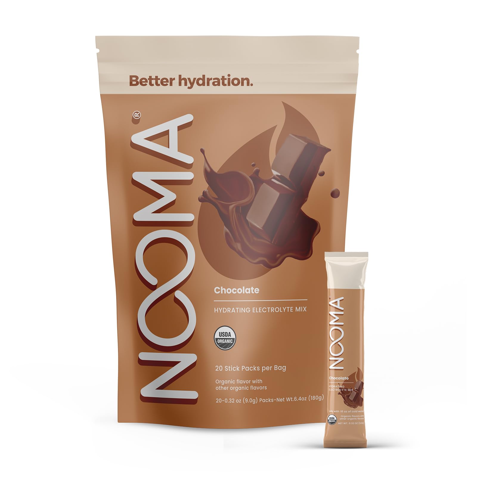 NOOMA chocolate electrolyte packet held over a glass for quick hydration.