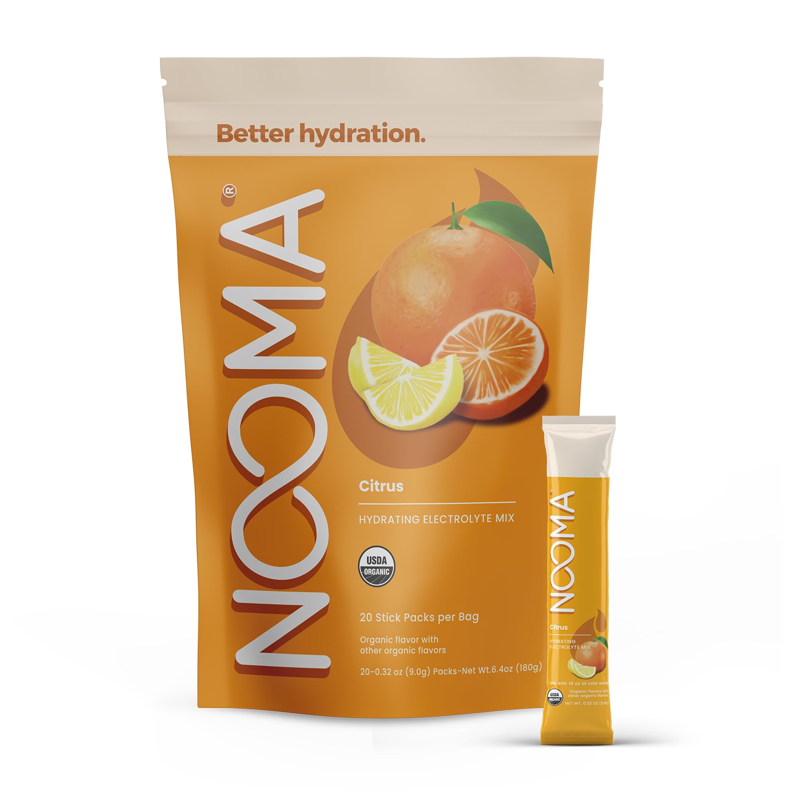 NOOMA hydrating electrolyte mix citrus packet, organic and sugar-free hydration on the go.