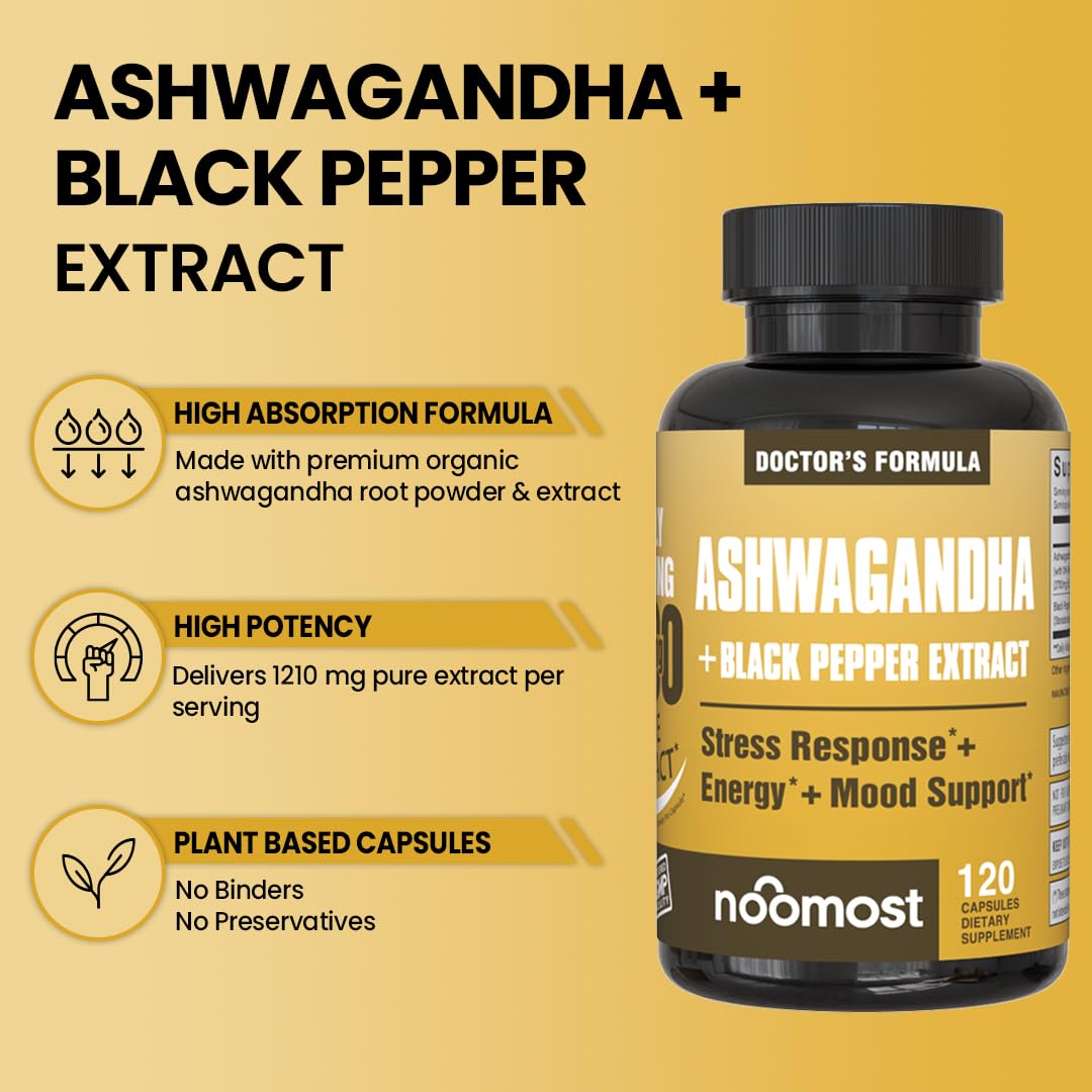 NooMost Ashwagandha with black pepper extract ingredient highlight.
