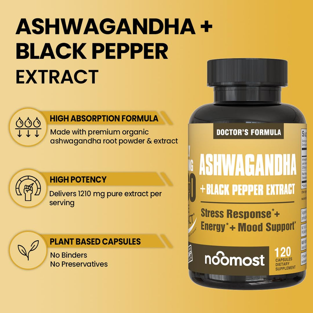 NooMost Ashwagandha with black pepper extract ingredient highlight.