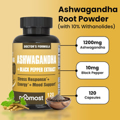 NooMost Ashwagandha bottle label showing 10% Withanolides.