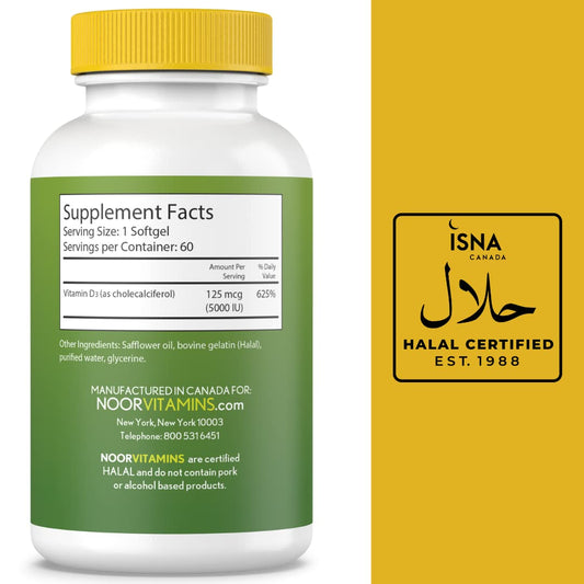 Noor Vitamins D3 softgel label shows 5000 IU.
