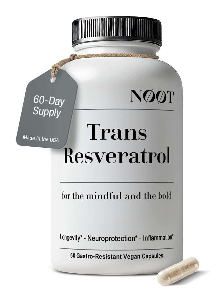 NOOT Trans Resveratrol bottle front showing a longevity-focused supplement.