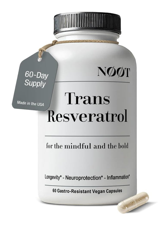 NOOT Trans Resveratrol bottle front showing a longevity-focused supplement.