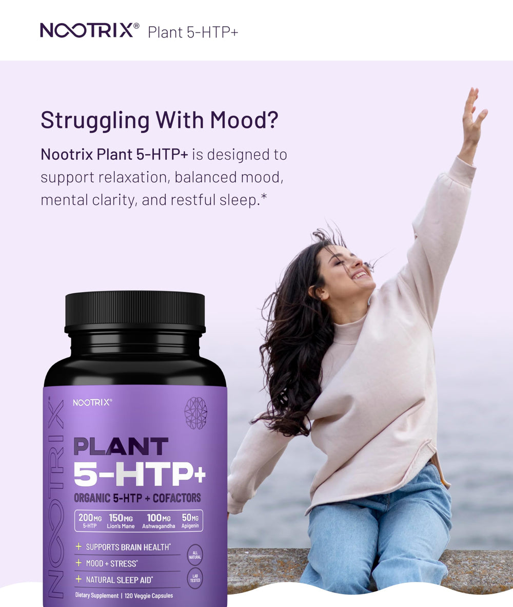 Nootrix 5-HTP+ capsules close-up highlighting organic, clean formula.