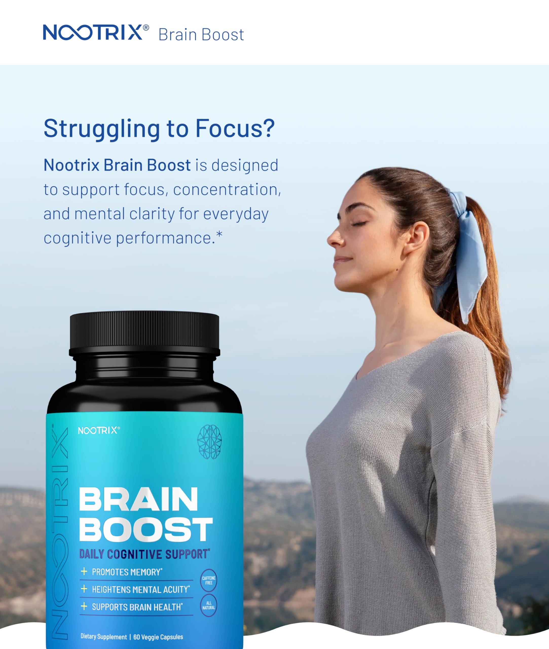 Close-up of Nootrix Brain Boost capsules for caffeine-free focus.